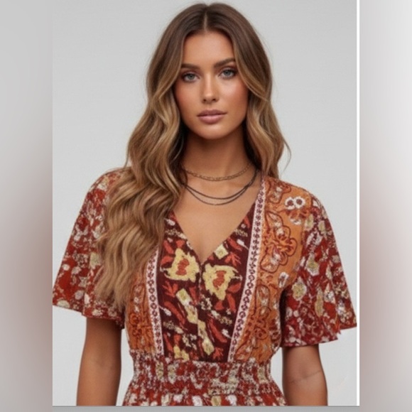 Boho Western Floral Print Butterfly Sleeve Ruffle Hem Dress - Picture 2 of 6